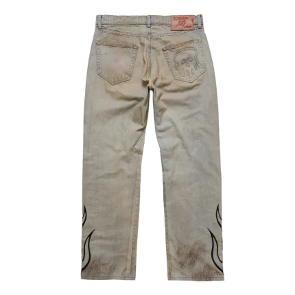 Flame Leather Appliqué Denim Pants - Dirty Blue