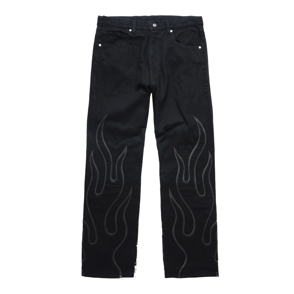 flame-leather-applique-denim-pan (2) Flame Leather Appliqué Denim Pants - Washed Black