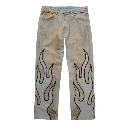 Flame Leather Appliqué Denim Pants - Dirty Blue