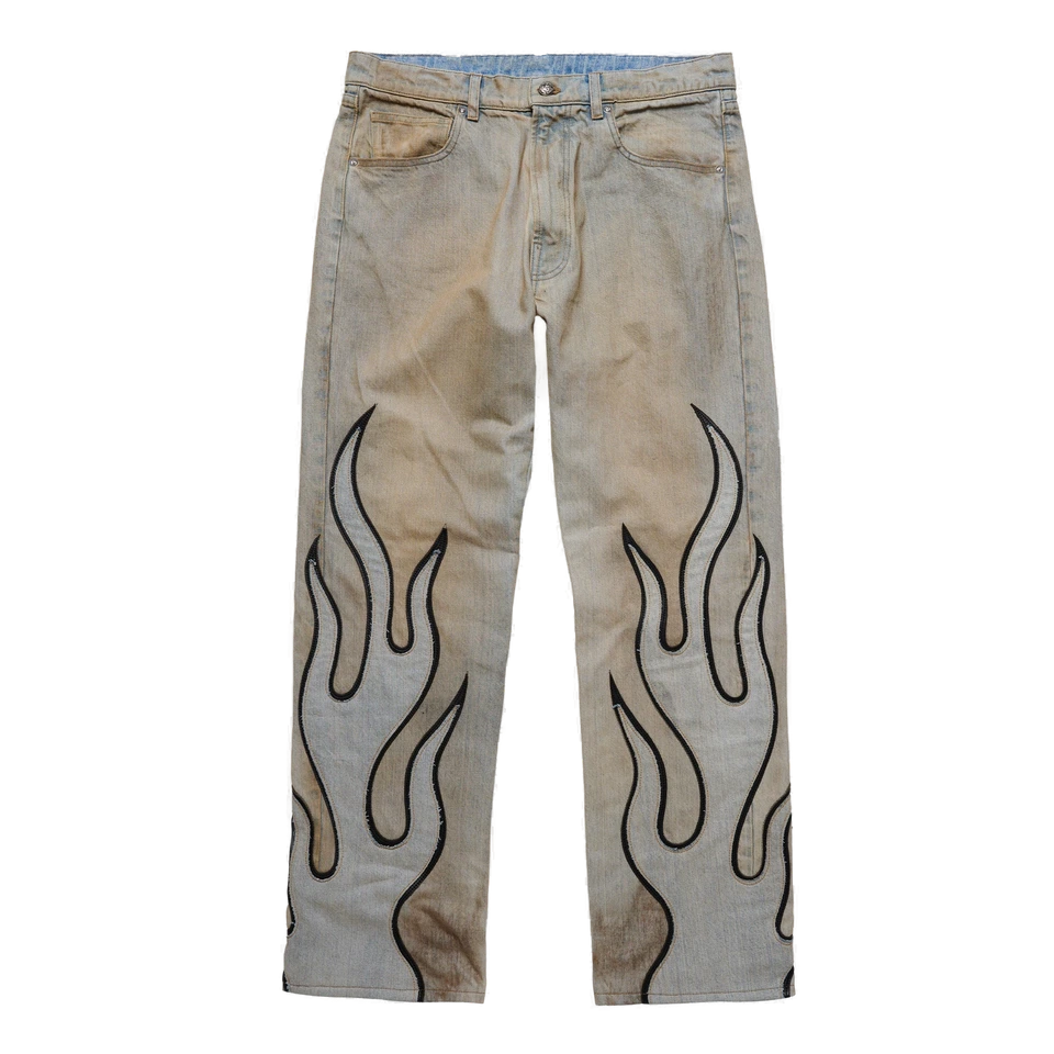 flame-leather-applique-denim-pan Flame Leather Appliqué Denim Pants - Dirty Blue